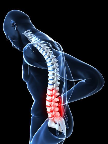 Spine rehabilitation image on black background showing back pain region